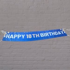 Happy 18th Birthday Banner Blue Gold Wall Flag Ribbon Party Backdrop 9.5ft Sign